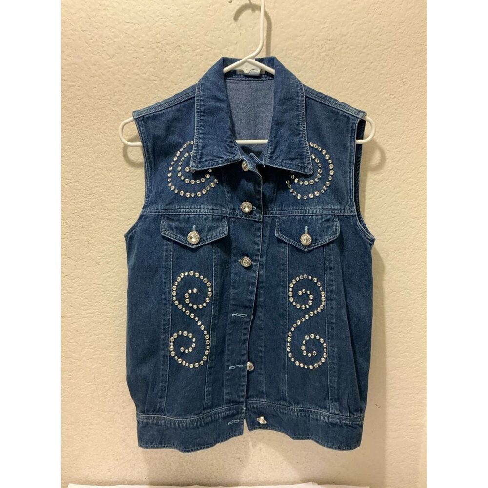Accessory Lady Studded Dark Blue Denim Vest with Swirl Embellishments